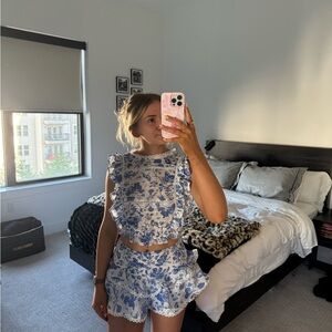 Blue and White Floral Ruffle Top and Shorts Set